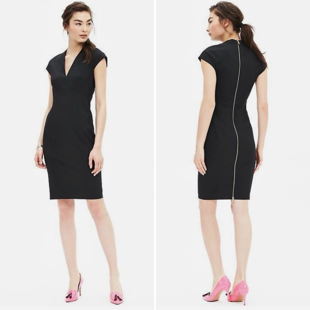 Banana Republic V-Neck Cap‎ Sleeve Wool Stretch Lined Sheath Dress Black Size 0